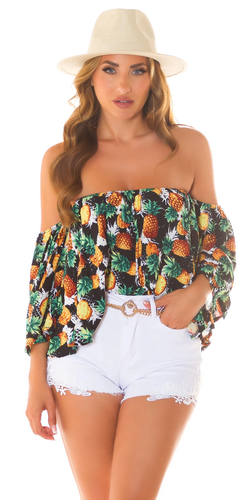 Sexy Sommer off-shoulder Bluse mit Ananas Print Sexy Sommer off-shoulder Bluse mit Ananas Print