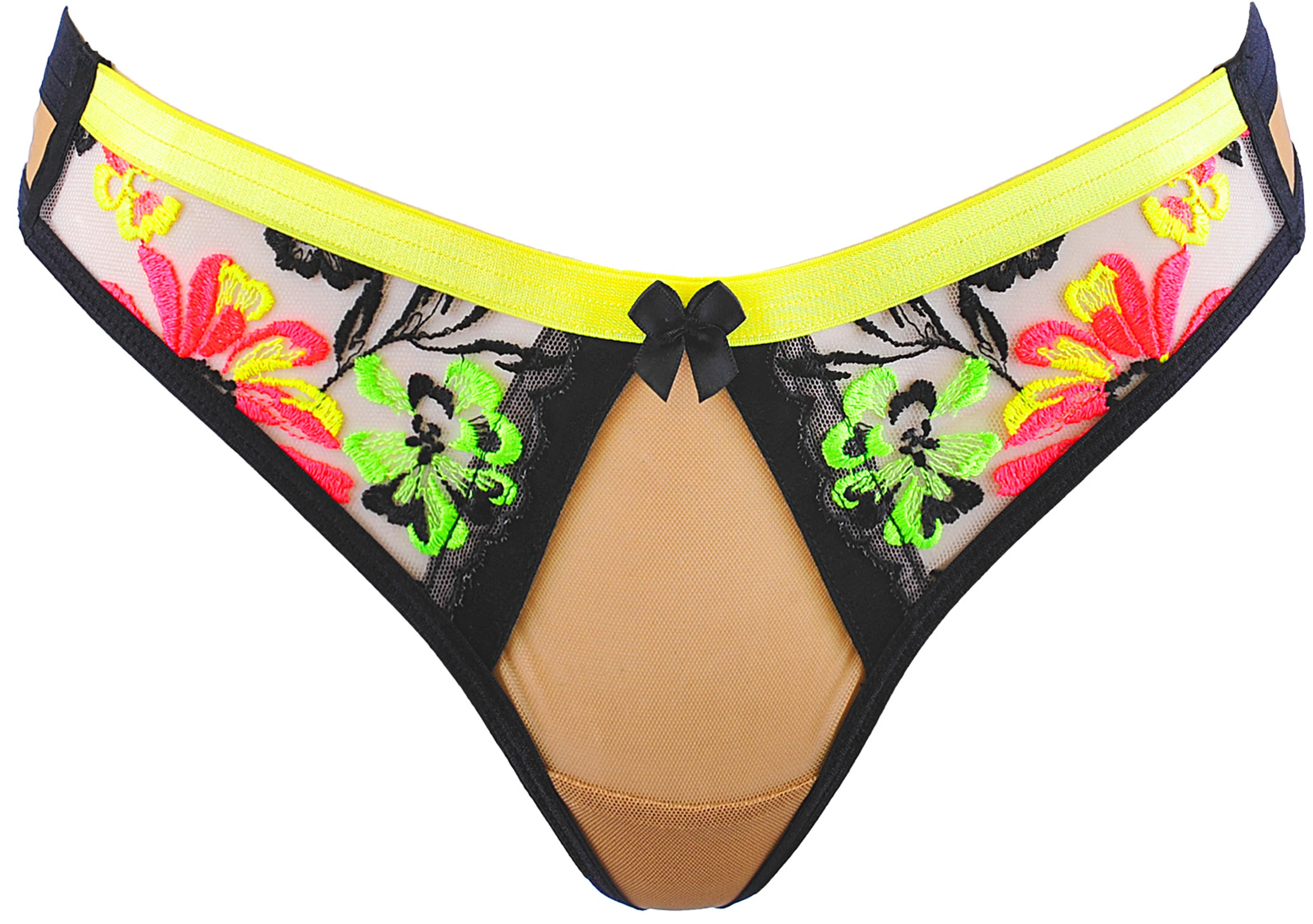 AXAMI String V-11838 in Neonstickerei Schwarz-Gelb mit zartem beigem Tüll, betont Kurven mit sexy Kontrast und moderner Raffinesse AXAMI String V-11838 in Neonstickerei Schwarz-Gelb mit zartem beigem Tüll, betont Kurven mit sexy Kontrast und moderner Raffinesse
