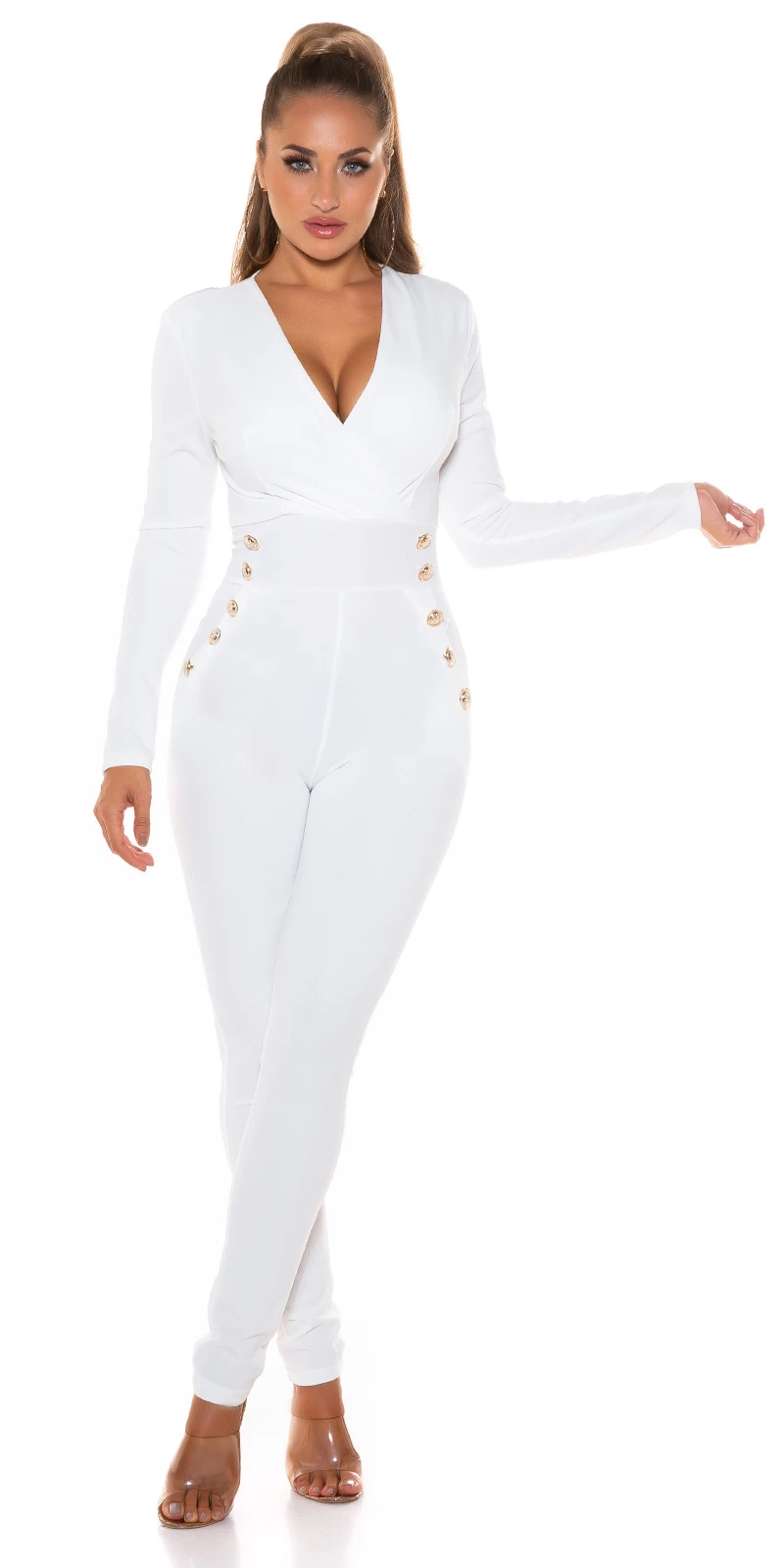 Business Wickel V-Neck Maxi Jumpsuit mit Deko Knöfpe Business Wickel V-Neck Maxi Jumpsuit mit Deko Knöfpe