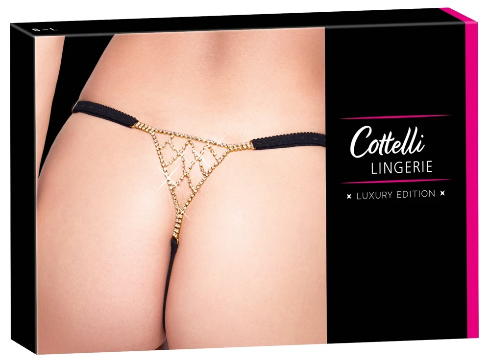 Cottelli LINGERIE Schmuckstring schwarz mit Strass, sexy Frontdesign und verstellbarem Bund, glamourös betont hinten, Reizwäsche