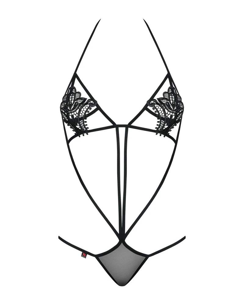 Obsessive der Stringbody verführt mit seiner Offenherzigkeit, die nicht viel Platz für Fantasie lassen. Über den Nippeln liegen zarte florale Stickereien.