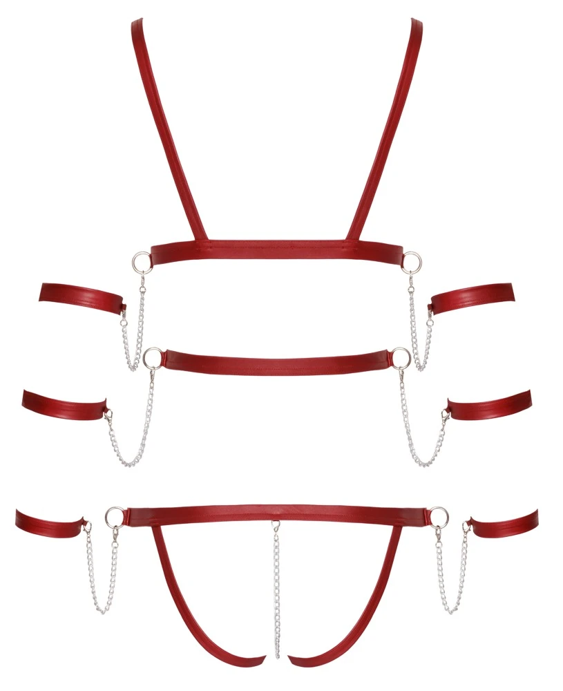 Extravaganter Body ouvert von Bad Kitty in Bondage-Optik aus weichen elastischen Riemen im edlen dunkelroten Mattlook.