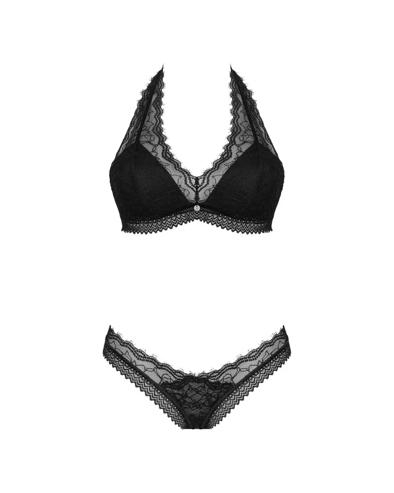 Obsessive Schwarzes Dessous-Set Medilla mit Bügel-BH und String im bildschönen Mix verschiedener weicher Stretchspitzen. Weich & elastisch für hohen Tragekomfort