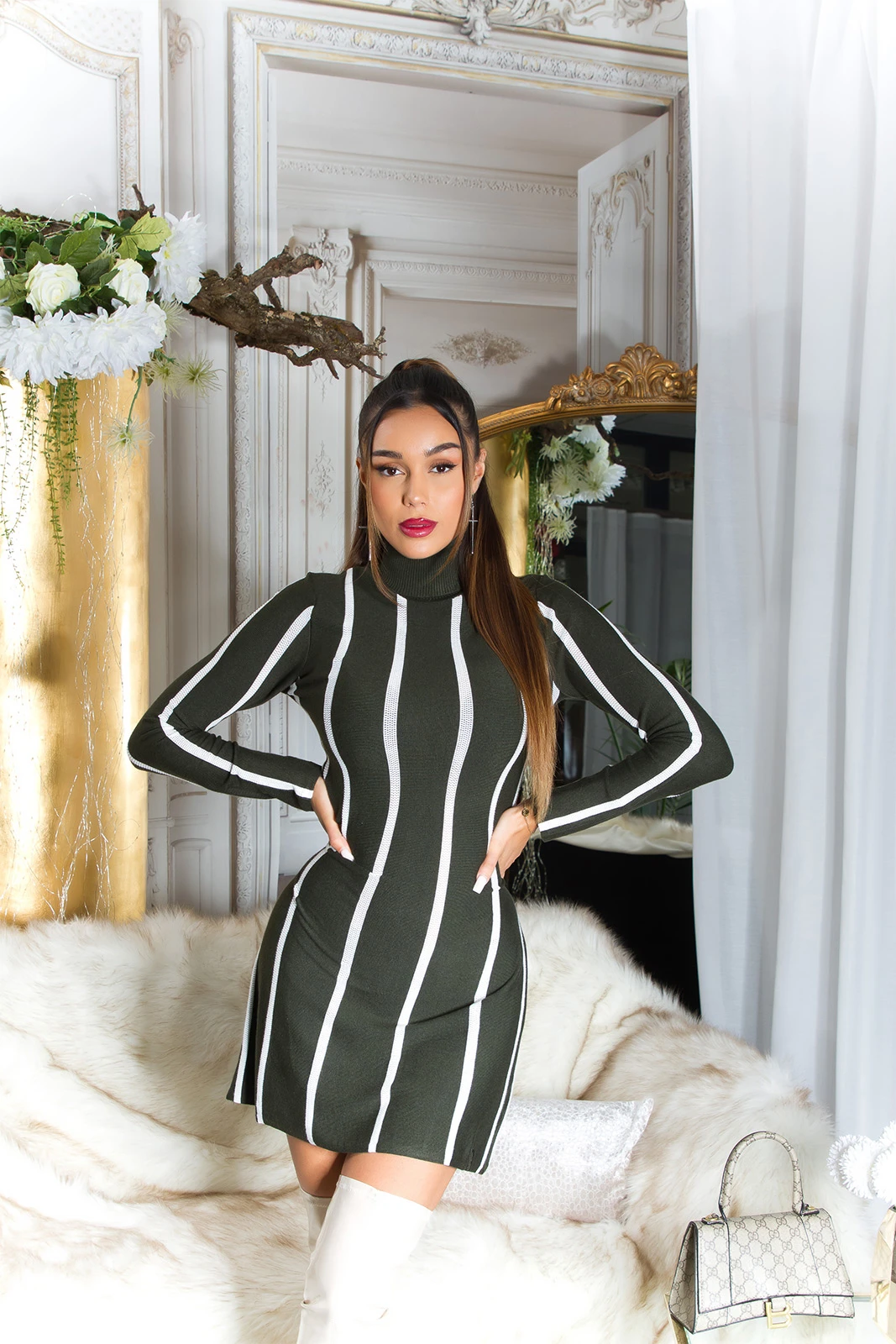 Turtle Neck Langarm Business Feinstrick Minikleid mit Streifen Turtle Neck Langarm Business Feinstrick Minikleid mit Streifen