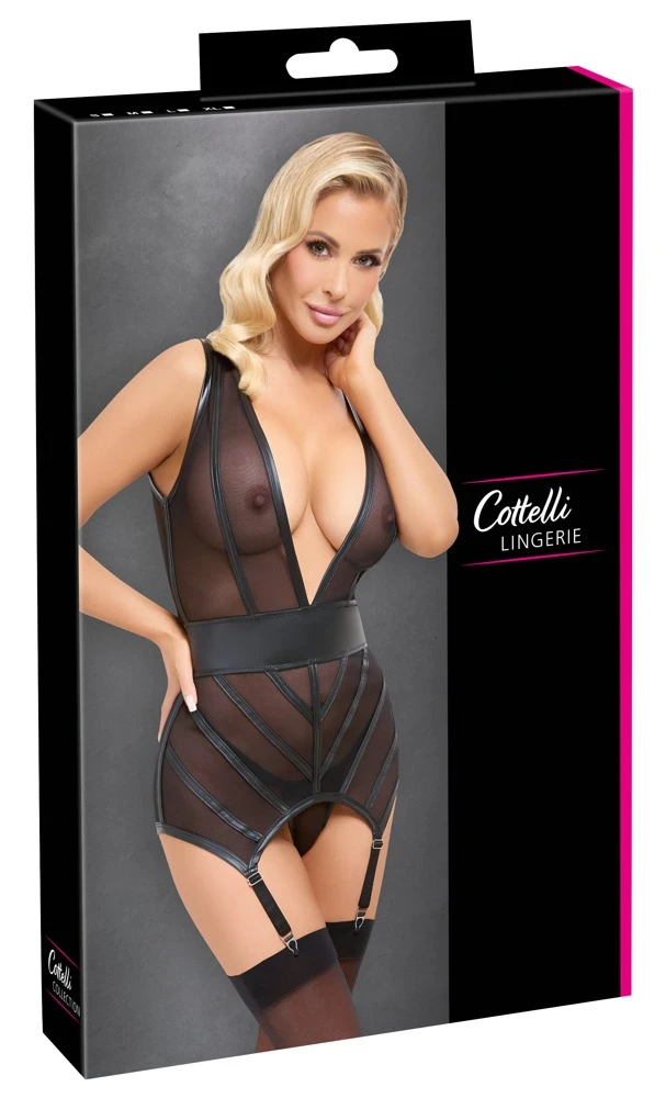 Cottelli LINGERIE Strapshemd und String, Sündig Schwarz aus Powernet mit Mattlook