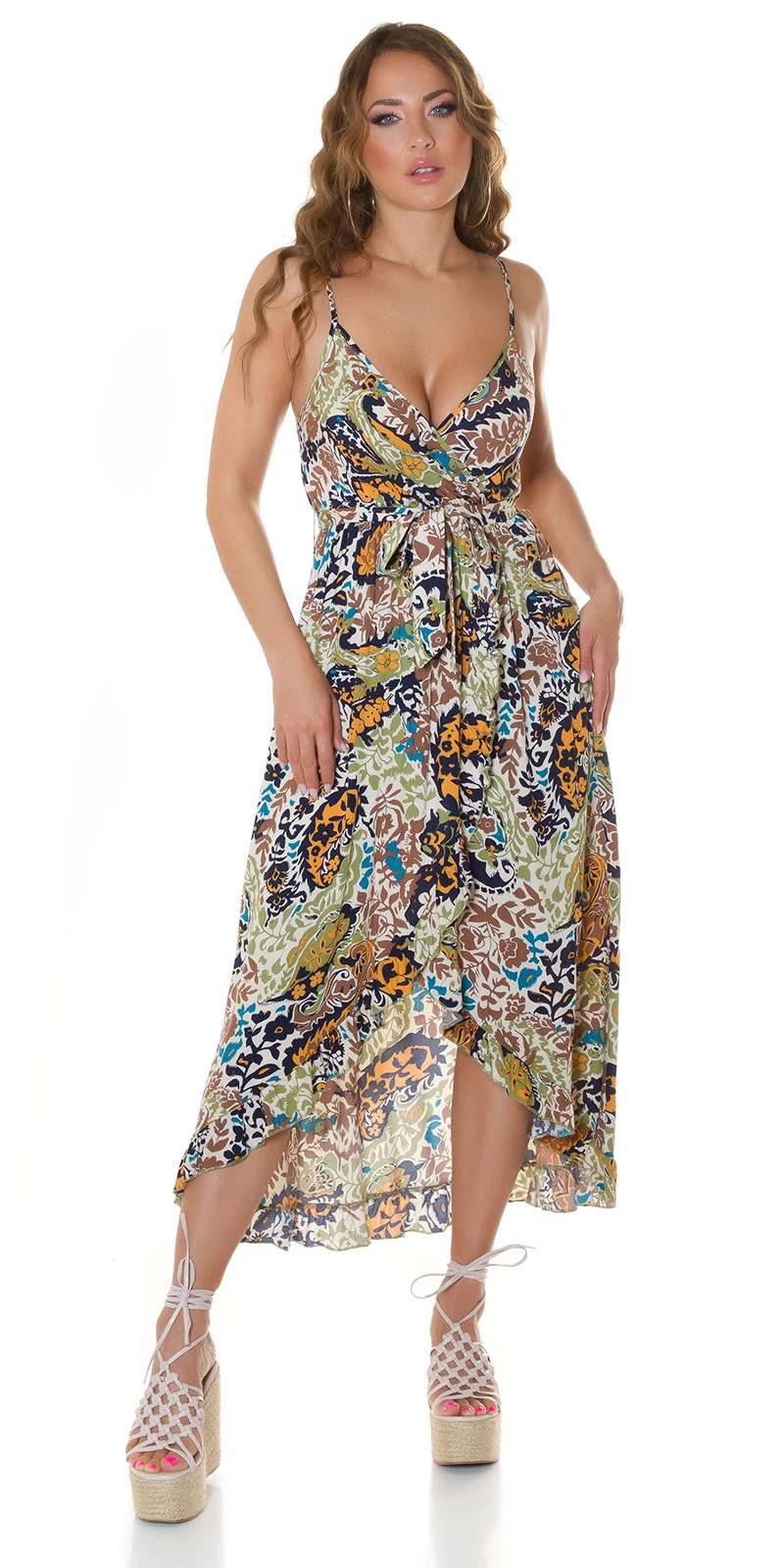 Fantasy Printed High Low Träger Viskose Kleid mit Wickel-V-Neck und Gürte Fantasy Printed High Low Träger Viskose Kleid mit Wickel-V-Neck und Gürte
