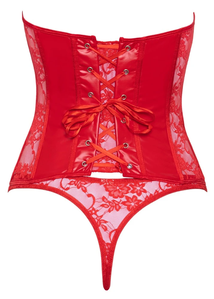 Cottelli LINGERIE Set busenfreie Corsage mit Wetlook & Spitze in Rot inkl. String mit Bügel-Cups, Formstäben, Hakenverschluss vorne und Satinband-Schnürung hinten sexy Reizwäsche Unterwäsche