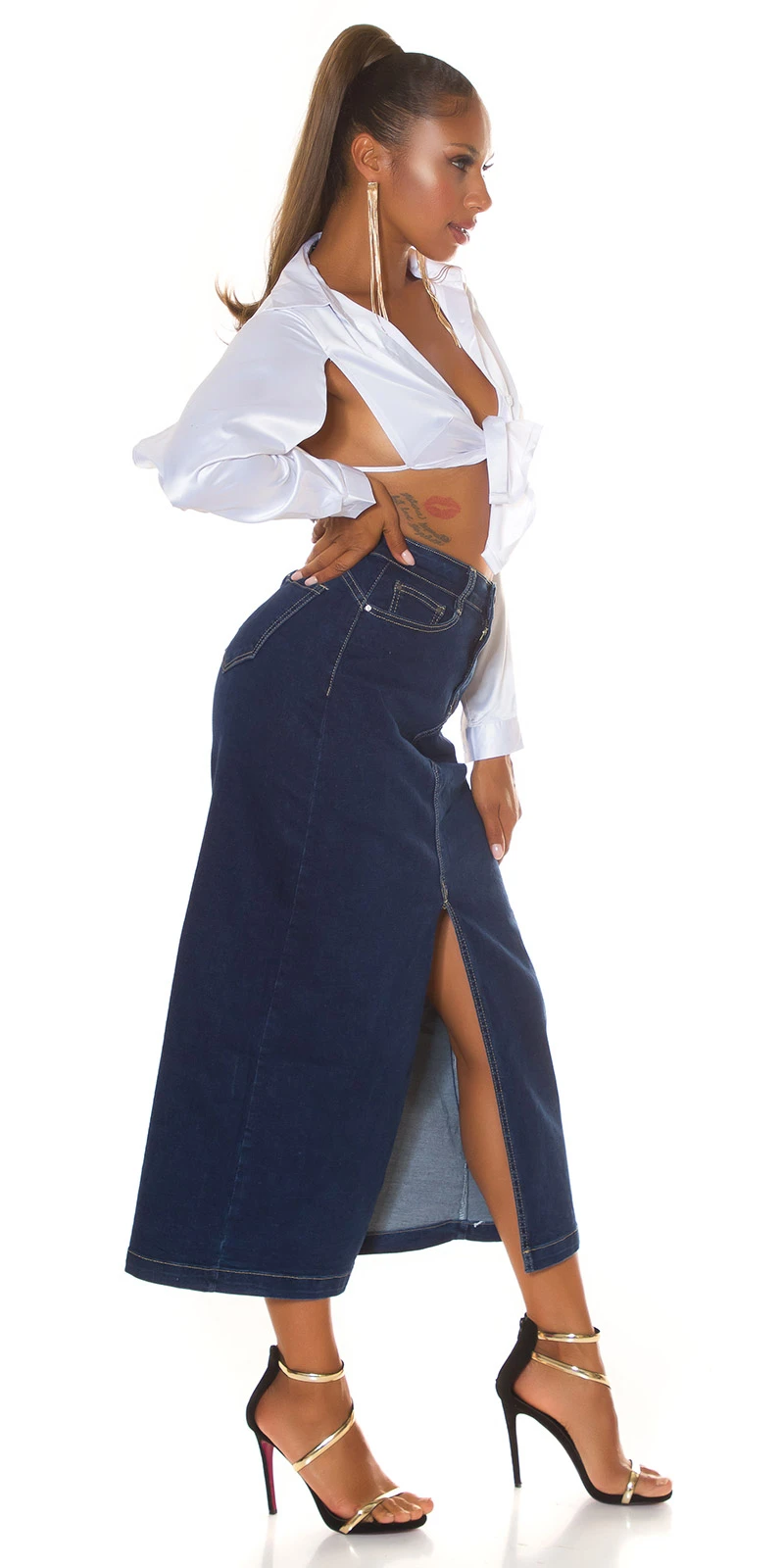 Dark Denim High Waist Maxi Rock mit Schlitz vorne Dark Denim High Waist Maxi Rock mit Schlitz vorne