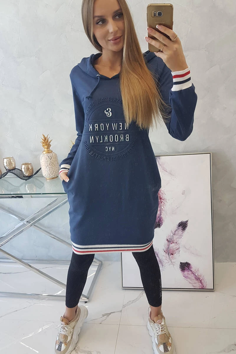 Damen Kapuzenkleid Hoddie Longpullover Sweatkleid Langarm Kleid Knielang Midikleid Print