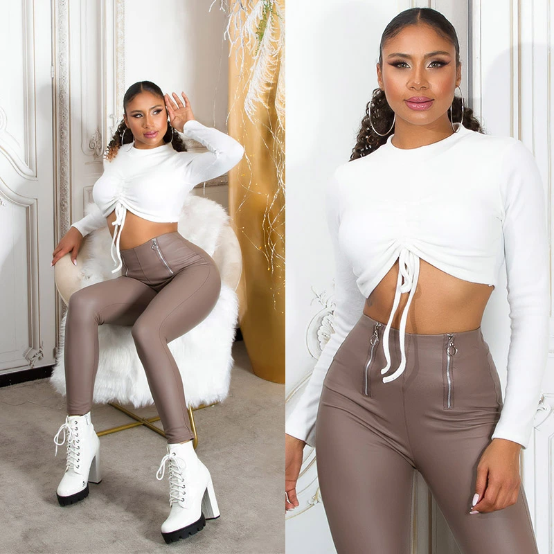 Uni High Waist Leggings im Wet Look mit Deko Zipper Uni High Waist Leggings im Wet Look mit Deko Zipper