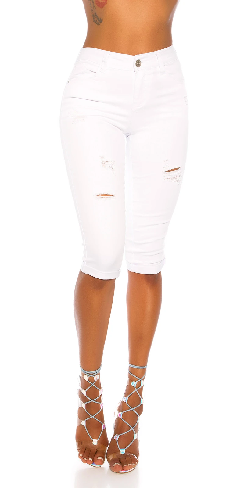 Uni Capri Röhren Jeans im Used Look mit Risse Uni Capri Röhren Jeans im Used Look mit Risse