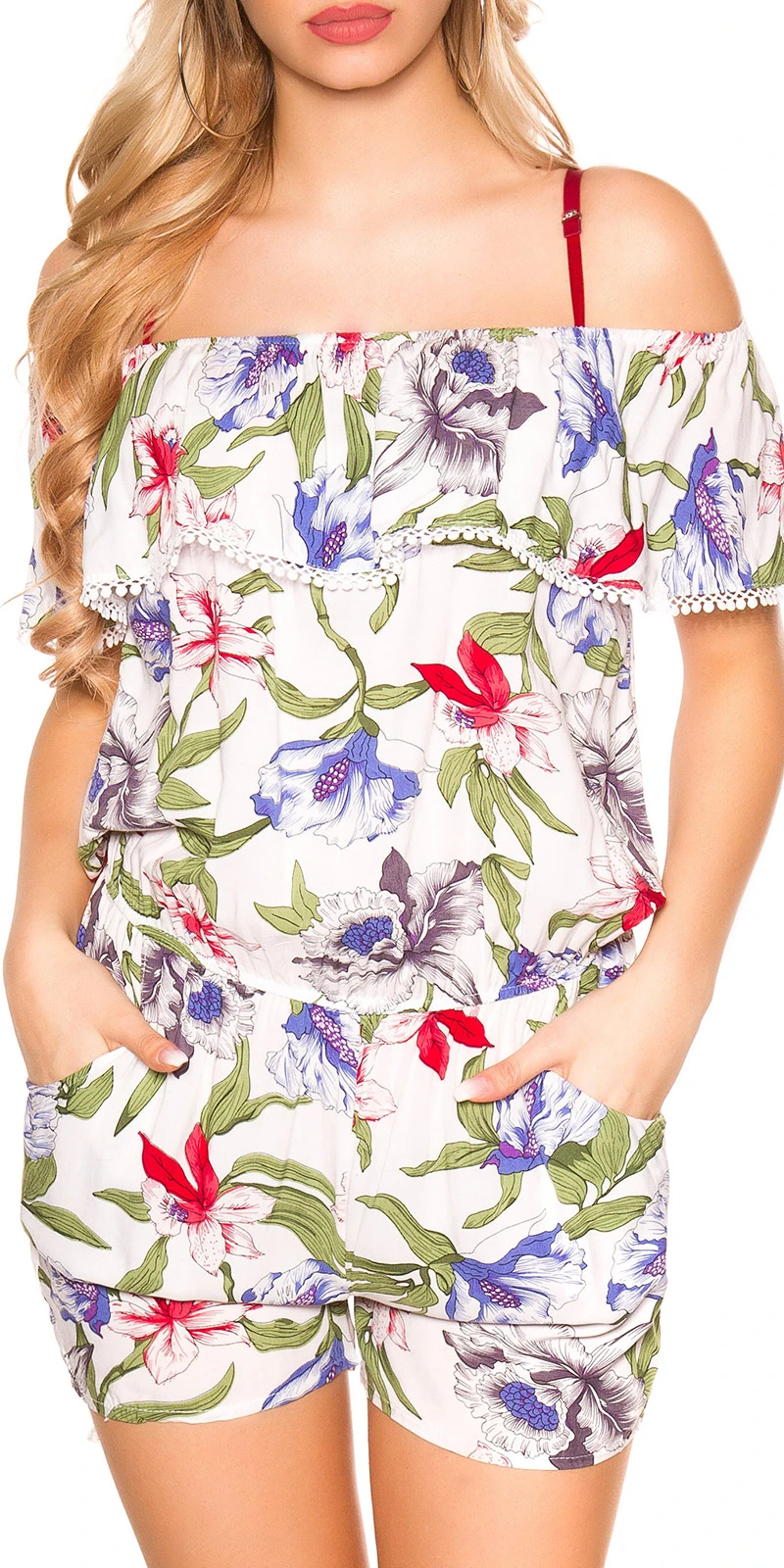 Off Shoulder Playsuit Volant Flower Print Hotpants Carmen Overall