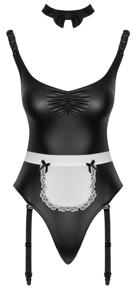 Cottelli Dienstmädchen-Kostüm 3-teilig mit Straps-Body Schürzchen und Halsband im schwarzen Mattlook mit tiefem Raff-Dekolleté