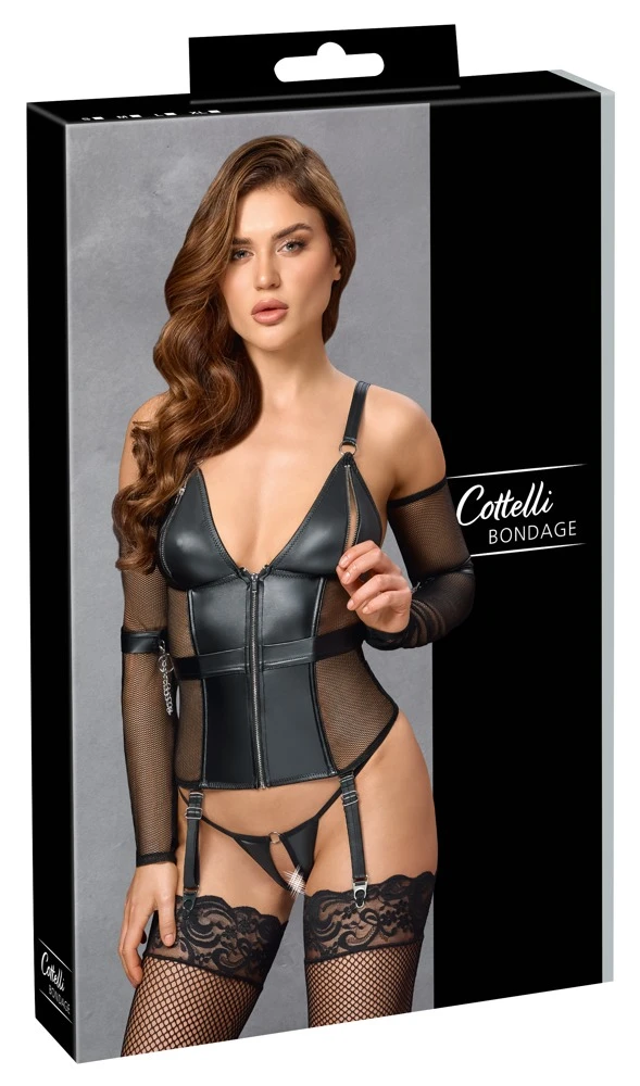 Cottelli BONDAGE Strapshemd Bondage, Edler Mattlook und Netz, Ouverte Cups mit String