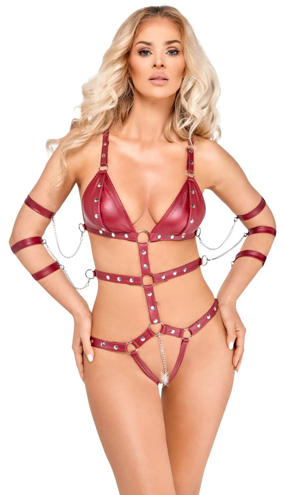 Extravaganter Body ouvert von Bad Kitty in Bondage-Optik aus weichen elastischen Riemen im edlen dunkelroten Mattlook.