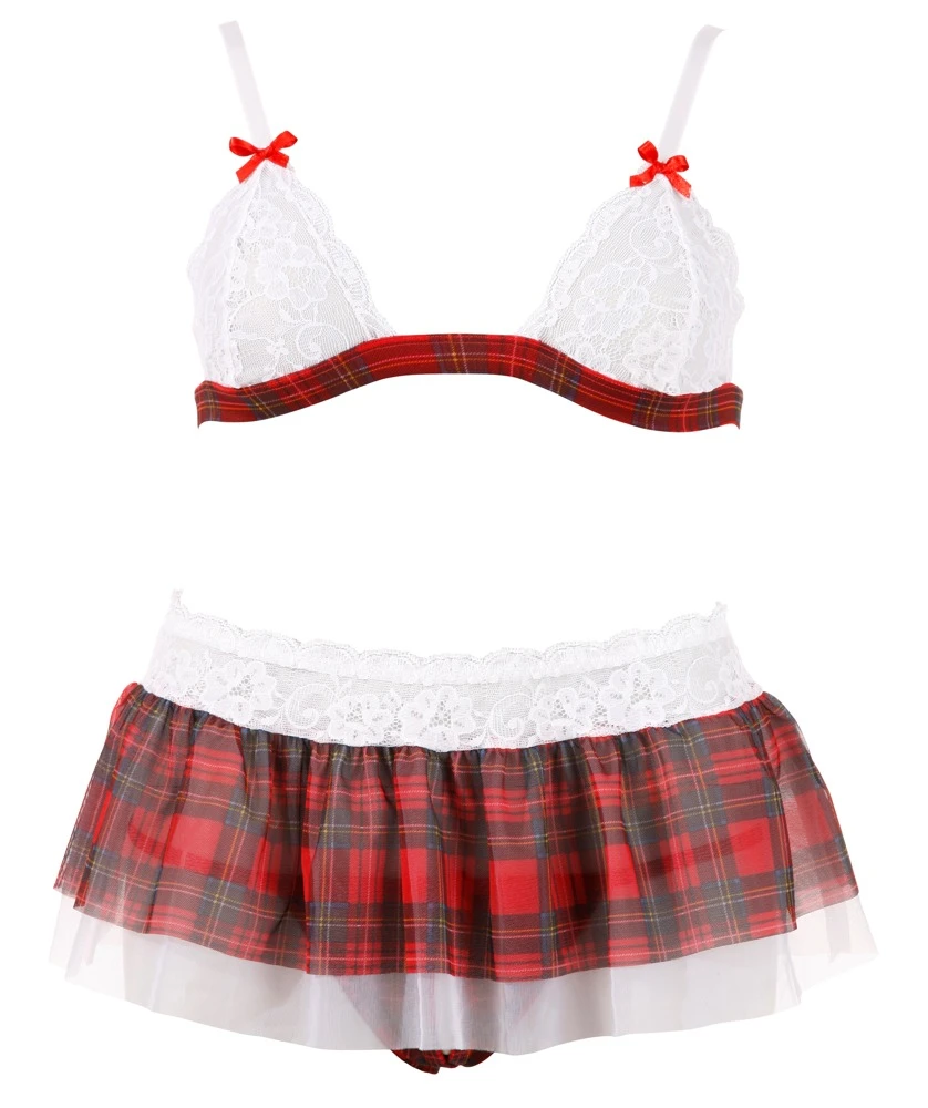 Cottelli LINGERIE Kostüm mit BH und Minirock, Soft-BH, Ouvert String, aus Spitze und Karo Optik