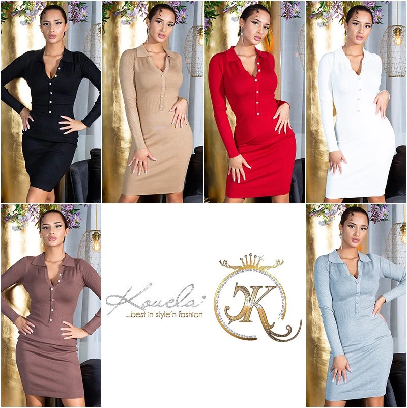 Tailliertes Business Midi Strickkleid mit Kragen und V-Neck Tailliertes Business Midi Strickkleid mit Kragen und V-Neck