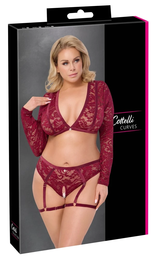Luxuriöses Set aus Spitze und Samt: Langarm-Top und ouvert Straps-Slip von Cottelli CURVES für verführerische Looks!
