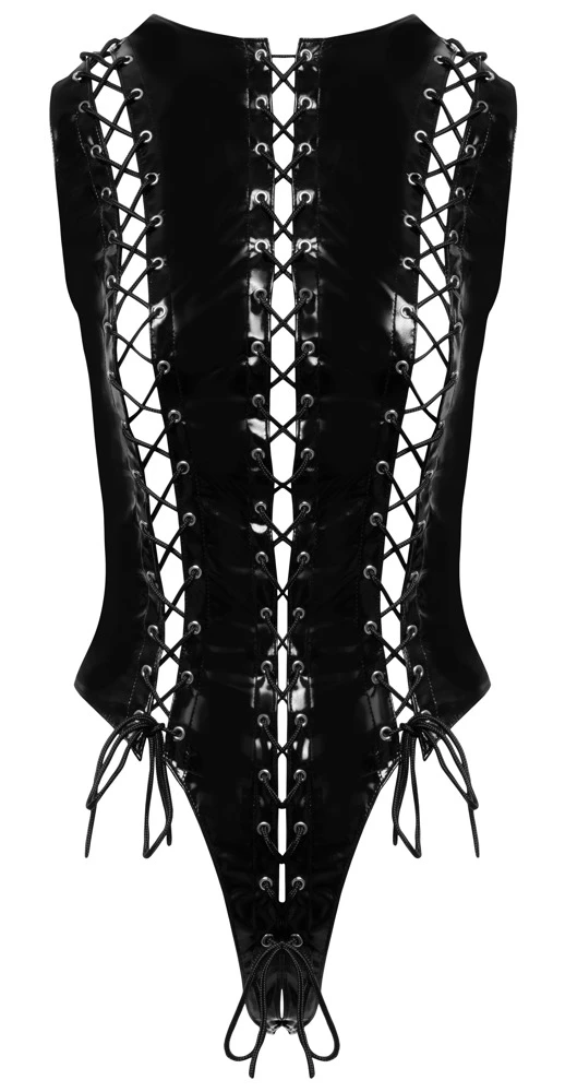 Extravaganter Body von Black Level komplett im schwarzen Lackglanz. In figur- und halsnaher Schnittführung mit hohen Beinausschnitten.