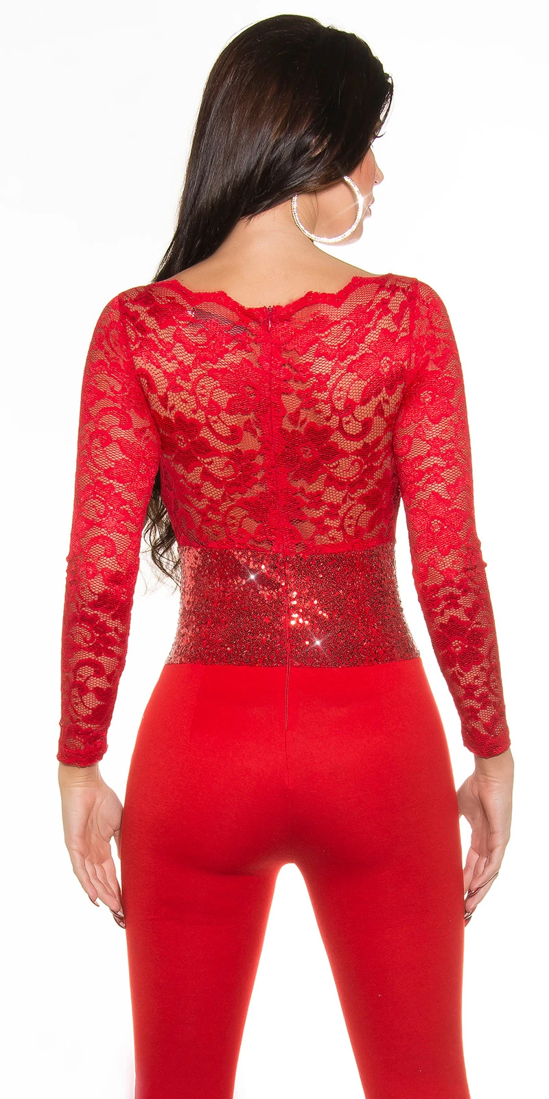 Röhren Overall mit langen Ärmeln mit Spitze und Paillettentaille Röhren Overall mit langen Ärmeln mit Spitze und Paillettentaille