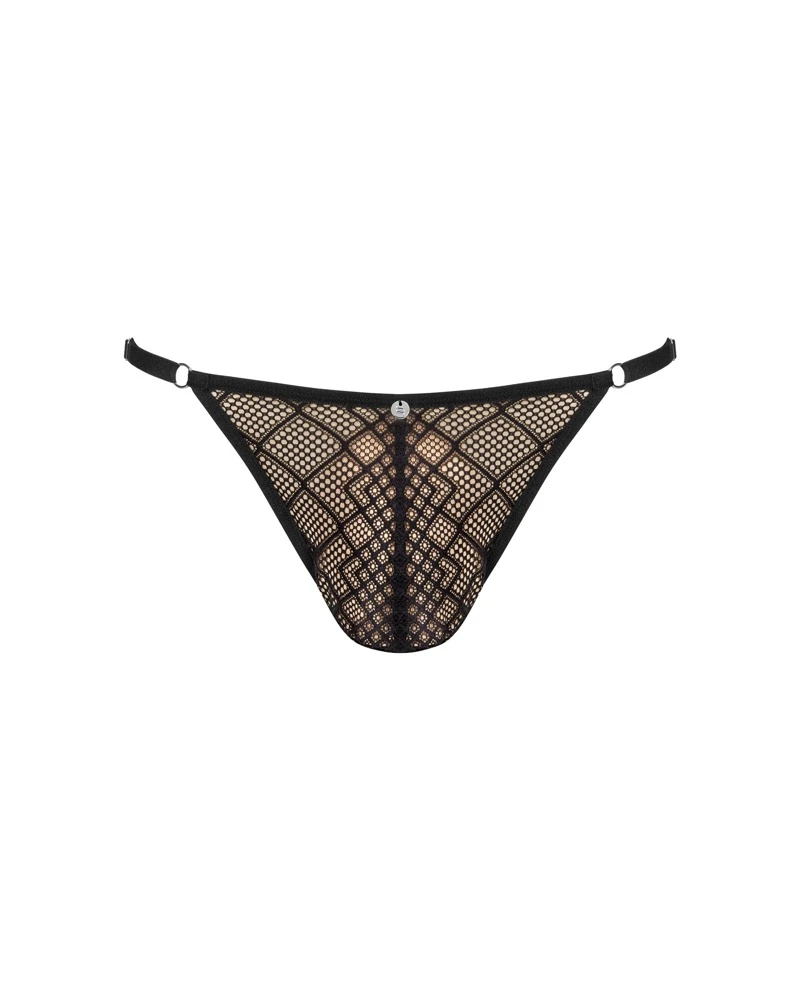 Obsessive schwarzer String Severio in extravagant gemusterter Semi-Transparenz.  Bequemer Gummibund mit kleinem Metall-Element vorne und passend verstellbar.