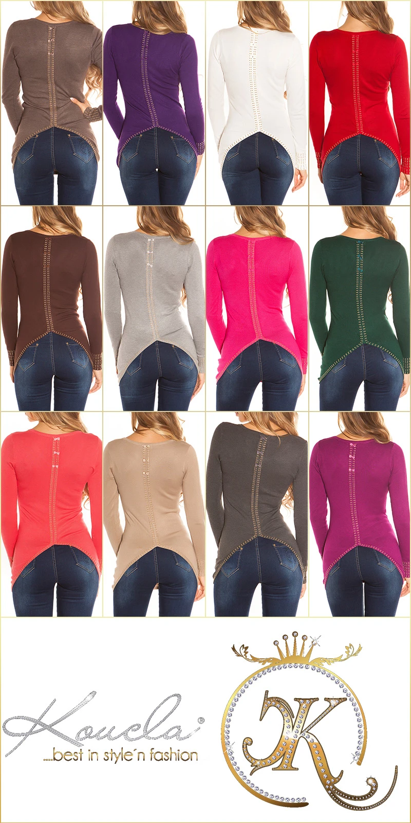 Feinstrick Long Pullover Langarm Nieten Steinchen V-Cut