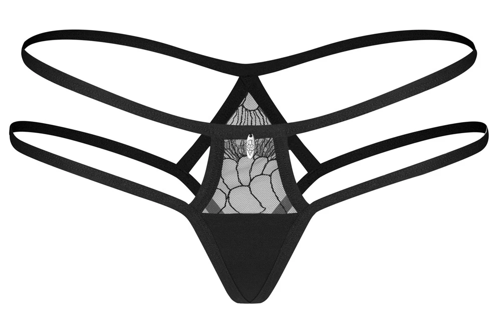 Schwarzer String Arrowel von Obsessive mit feiner Spitze, edlem Schmuckdetail vorne und raffiniertem Doppelriemen-Bund für einen stilvollen, sexy Look