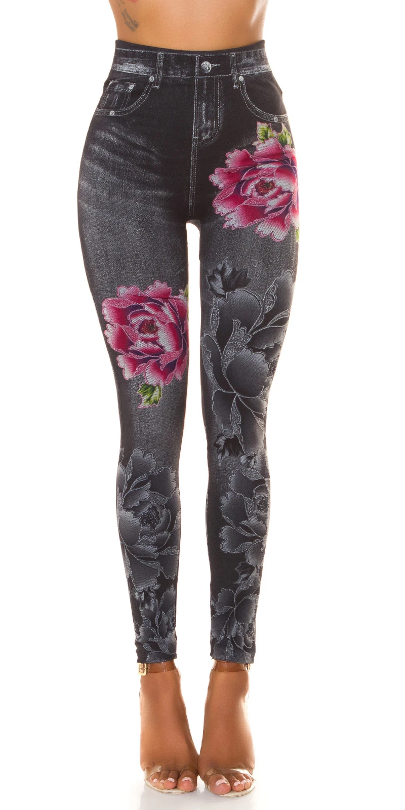Flower Printed Stretch Jeans Look High Waist Leggings Flower Printed Stretch Jeans Look High Waist Leggings