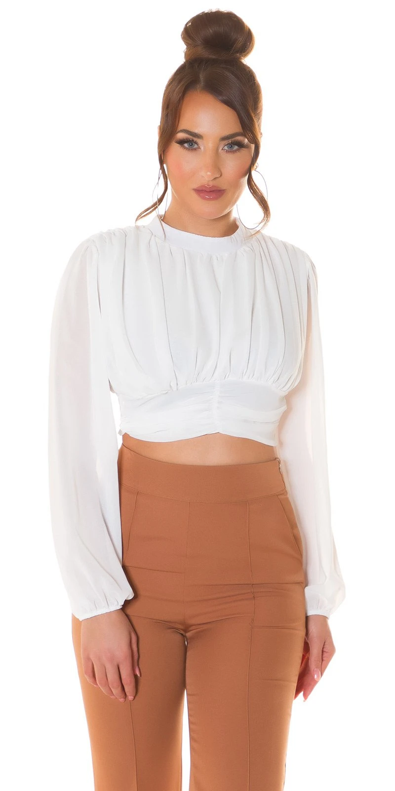 Cocktail Turtle Neck Crop Blusen Top mit Chiffon-Ärmel Cocktail Turtle Neck Crop Blusen Top mit Chiffon-Ärmel