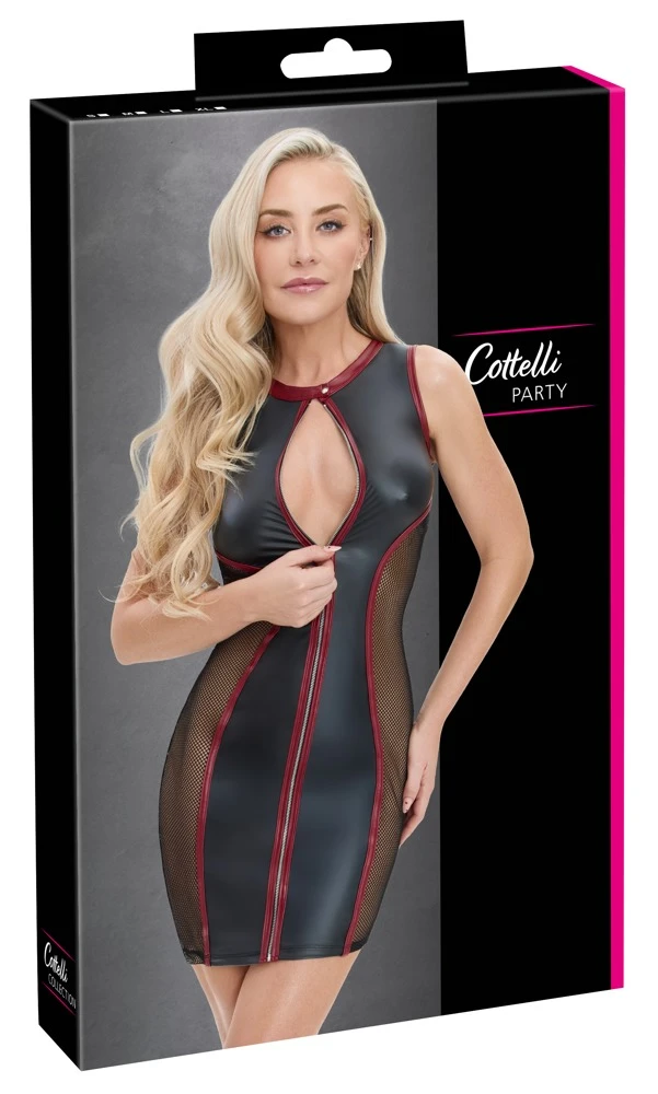 Minikleid Mattlook Schwarz Rot Netz-Einsätze Front-Zip figurbetont ärmellos enger Schnitt Partykleid Cottelli PARTY
