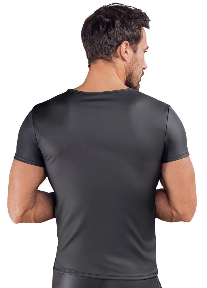 Betonendes Kurzarm-Shirt von NEK im schwarzen Mattlook mit seitlichen Netz-Einsätzen und glänzenden Blue-Metallic-Streifen – sexy Clubwear für selbstbewusste Nächte!