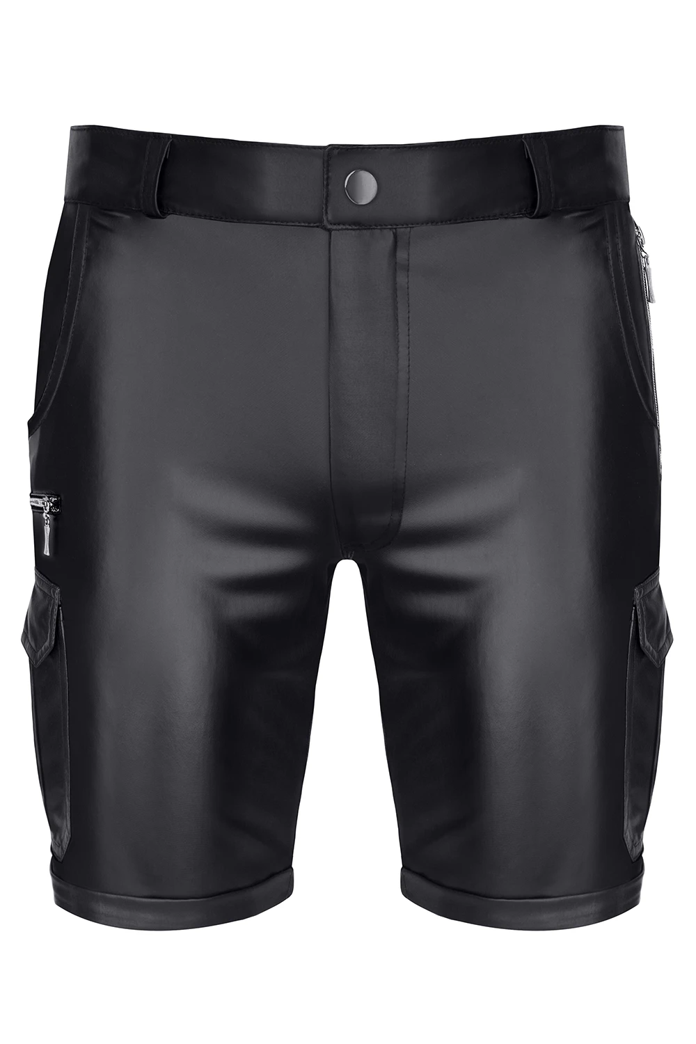 Herren Shorts RMPaolo001 in Schwarz aus mattem dehnbarem Wetlook mit Reißverschlusstaschen und markantem RFP-Logo-Patch  von Regnes Fetish Planet