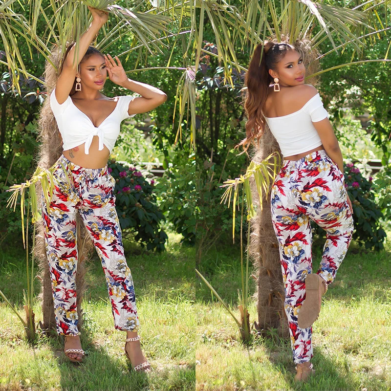 Cotton High Waist Sommer Hose mit Tropical Print