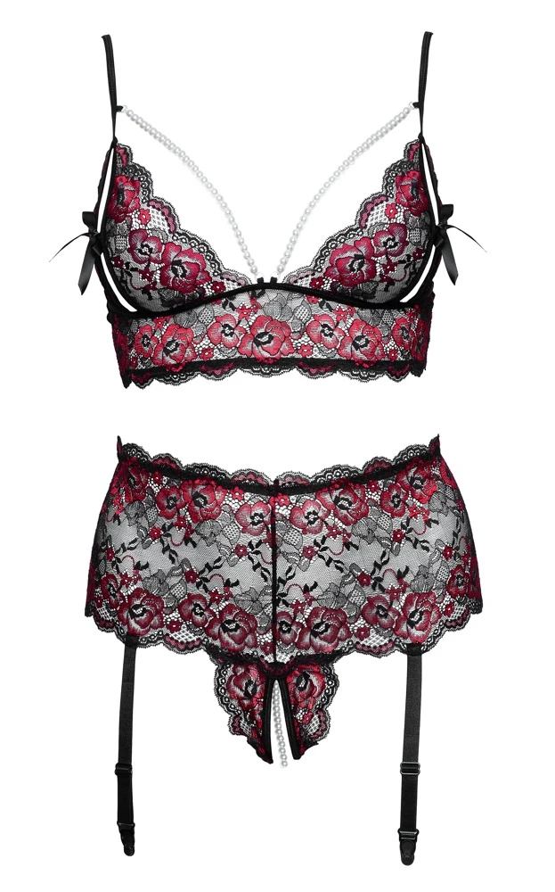 Cottelli Verführerische Blütenspitze: Soft-BH und Ouvert-Slip mit Dekolleté- und Schritt-Perlenketten