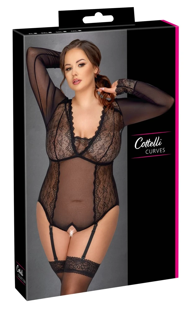 Cottelli transparenter Langarm-Body mit Spitzen-Einsätzen und verlockender Ouvert-Öffnung