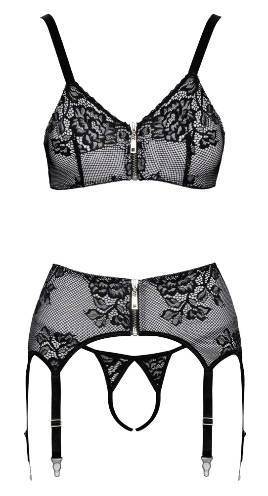 Cottelli LINGERIE Zweifarbiges Spitzen Set Soft-BH, Strapsgurt & String Ouvert Dessous Set