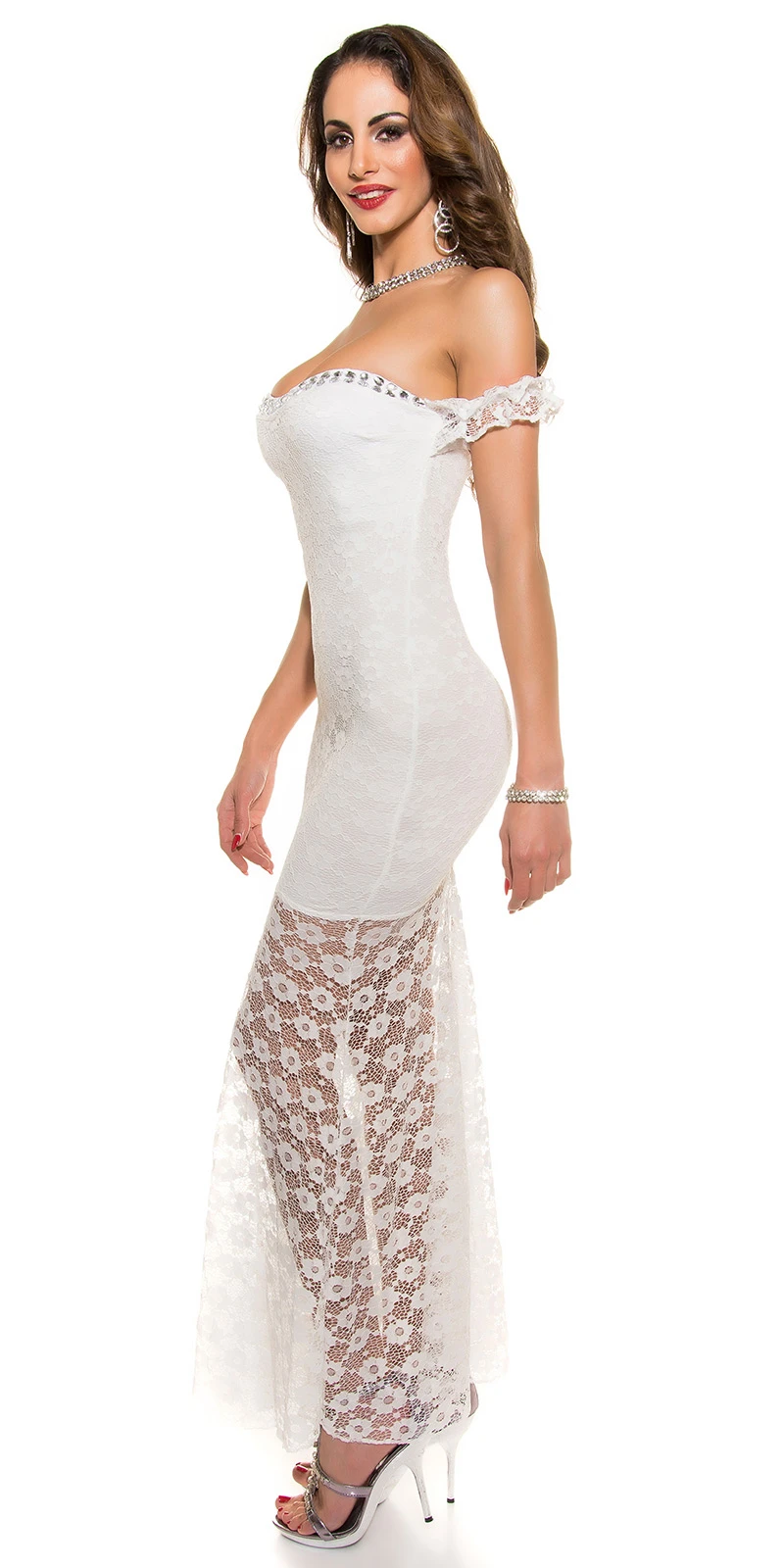 Spitzen Off Shoulder Maxi Silvester Kleid mit Deko Strass Spitzen Off Shoulder Maxi Silvester Kleid mit Deko Strass