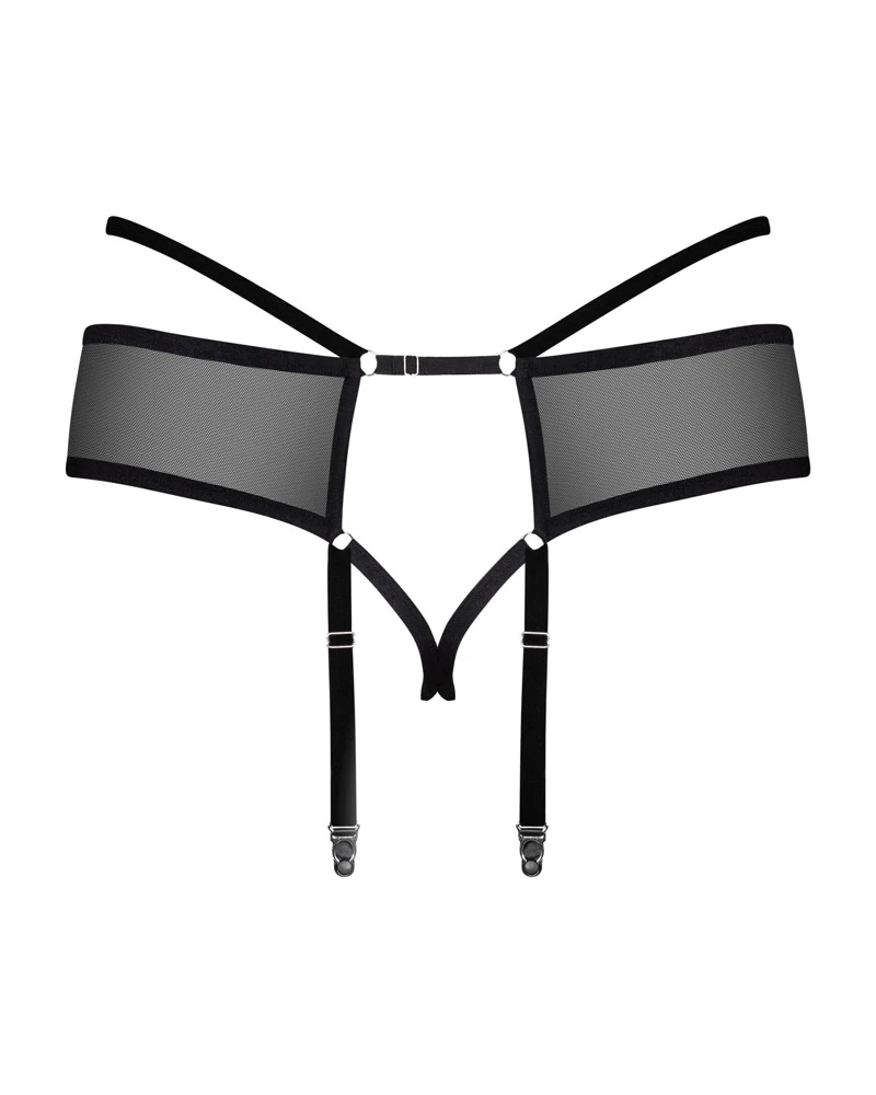 Obsessive offener Strumpfgürtel mit Tiermuster in schwarz. Dekorative Riemen vorne und hinten - betonte Silhouette mit durchsichtigen Netz.