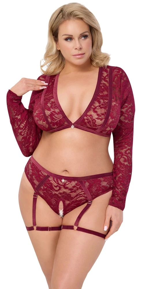 Luxuriöses Set aus Spitze und Samt: Langarm-Top und ouvert Straps-Slip von Cottelli CURVES für verführerische Looks!