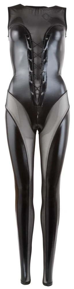 Cottelli PARTY Overall Wetlook Zipper im Schritt, Erotisch Catsuit aus Powenet und Wetlook