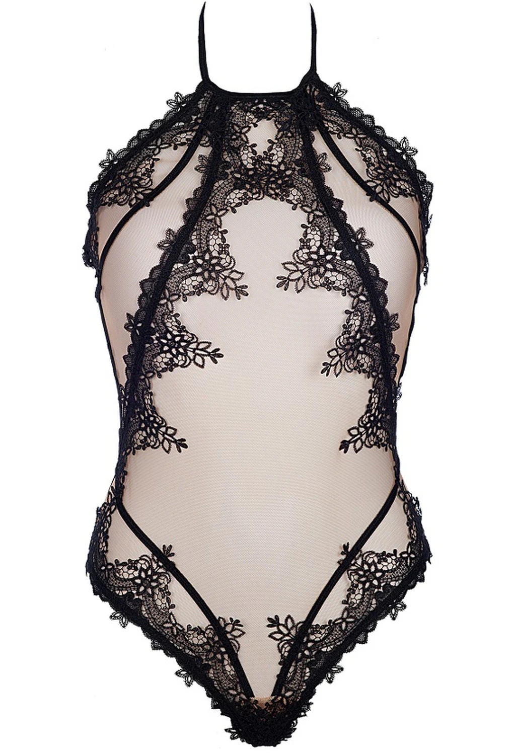 Axami transparenter Neckholder-Body beige/schwarz mit Blumenspitze