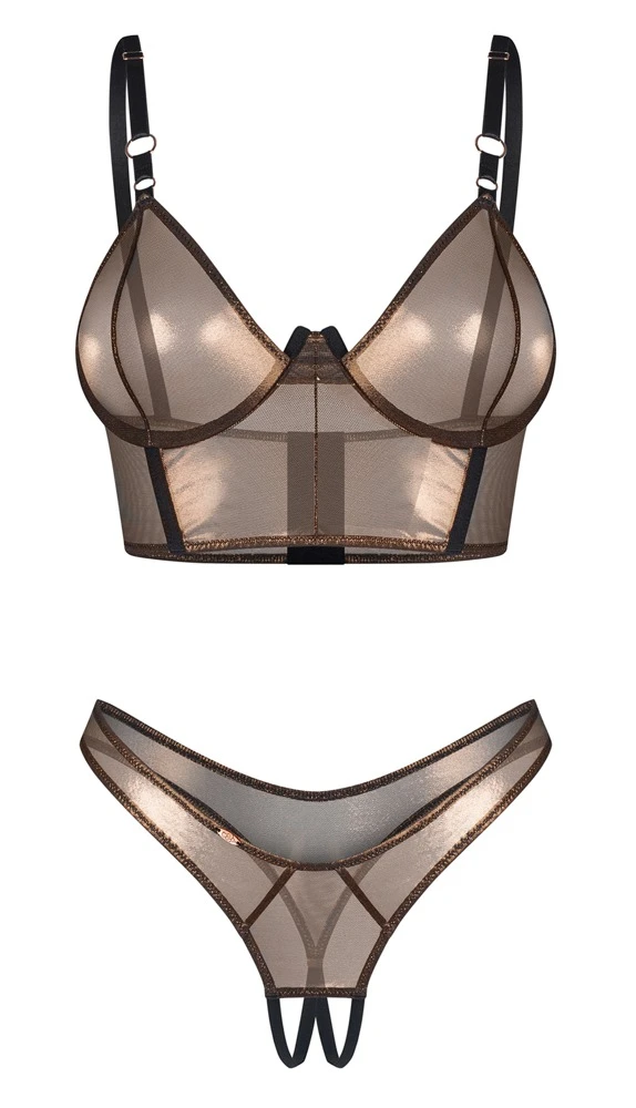 Obsessive Soranna Set Bronze – Semitransparenter Bügel-BH länger geschnitten & Riostring Ouvert, verstellbare Träger, edler Schimmer