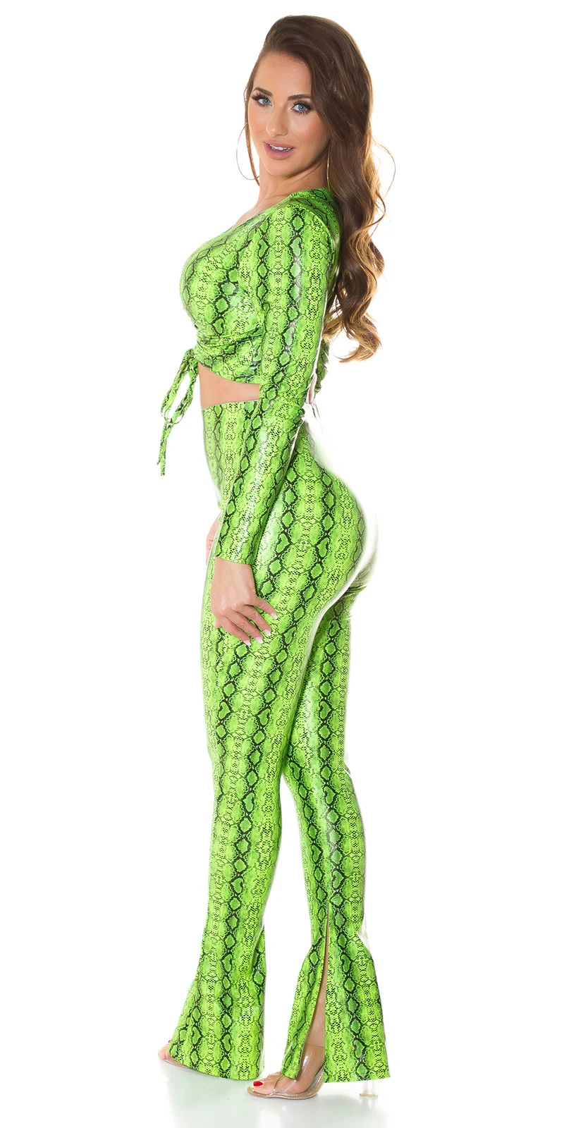 Reptil Printed Wet Look Langarm V-Neck Crop Top mit Raffung Reptil Printed Wet Look Langarm V-Neck Crop Top mit Raffung