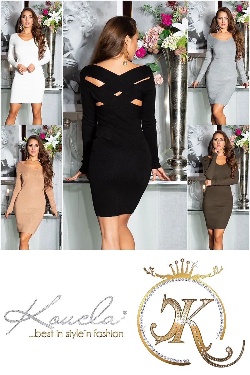 Feinstrick V-Neck Langarm Minikleid mit schicker Rücken-Ansicht Feinstrick V-Neck Langarm Minikleid mit schicker Rücken-Ansicht