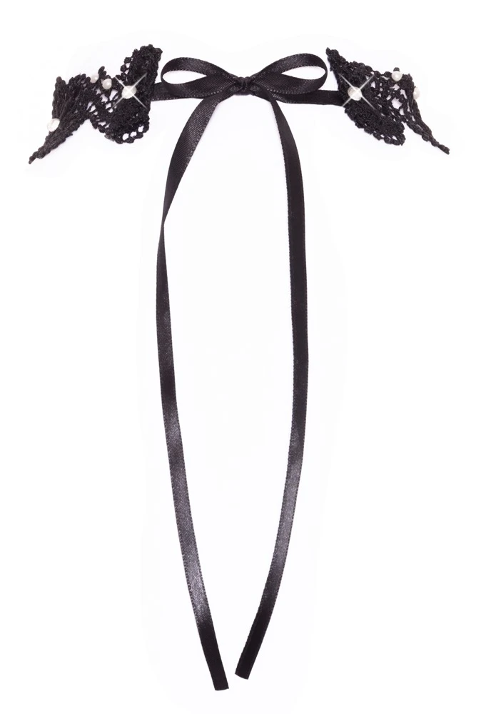 Stickerei-Halsband in schwarzer Spitzenoptik mit Perlen und Glitzersteinchen, weich, anschmiegsam und mit Satin-Bindeschleife im Nacken von Obsessive Stickerei-Halsband in schwarzer Spitzenoptik mit Perlen und Glitzersteinchen, weich, anschmiegsam und mit Satin-Bindeschleife im Nacken von Obsessive