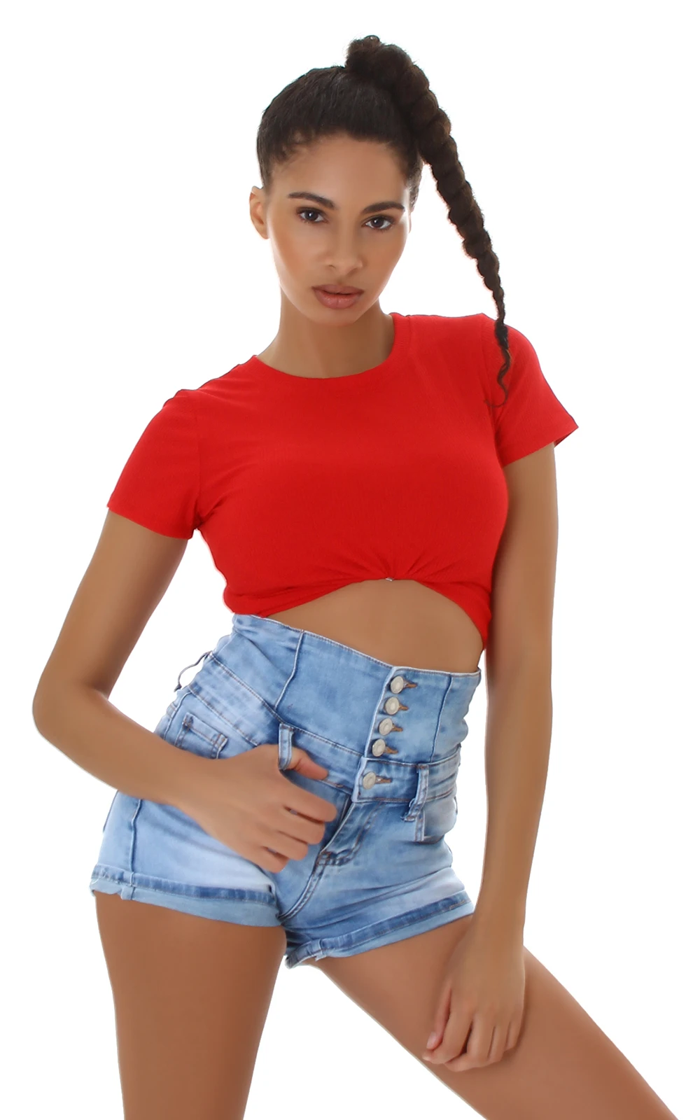 High Waist Jeans Shorts mit Corsagen-Effekt