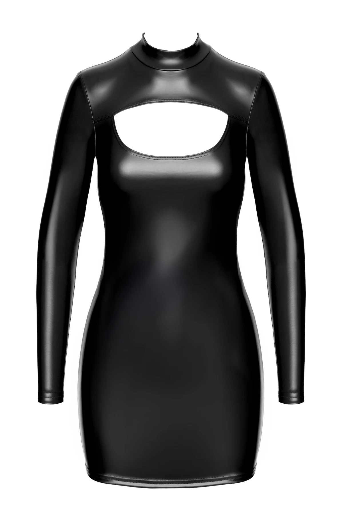 Bombshell Bodycon Kinky Minikleid aus schwarzen Powerwetlook mit Schlüsselloch-Ausschnitt, langem Ärmel, Stehkragen und verdecktem Reißverschluss – figurbetontes Statement-Piece von Noir Handmade F366