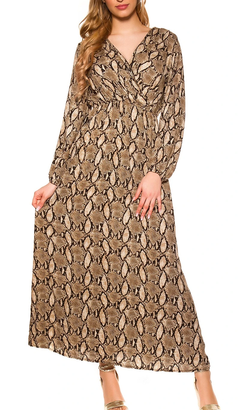 Maxi Kleid Schlangen Print Wickel V-Neck Langarm Maxi Kleid Schlangen Print Wickel V-Neck Langarm