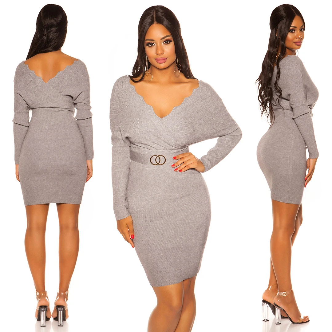 Cocktail Fledermaus Rippstrick Minikleid mit V-Neck und Deko Gürtel
