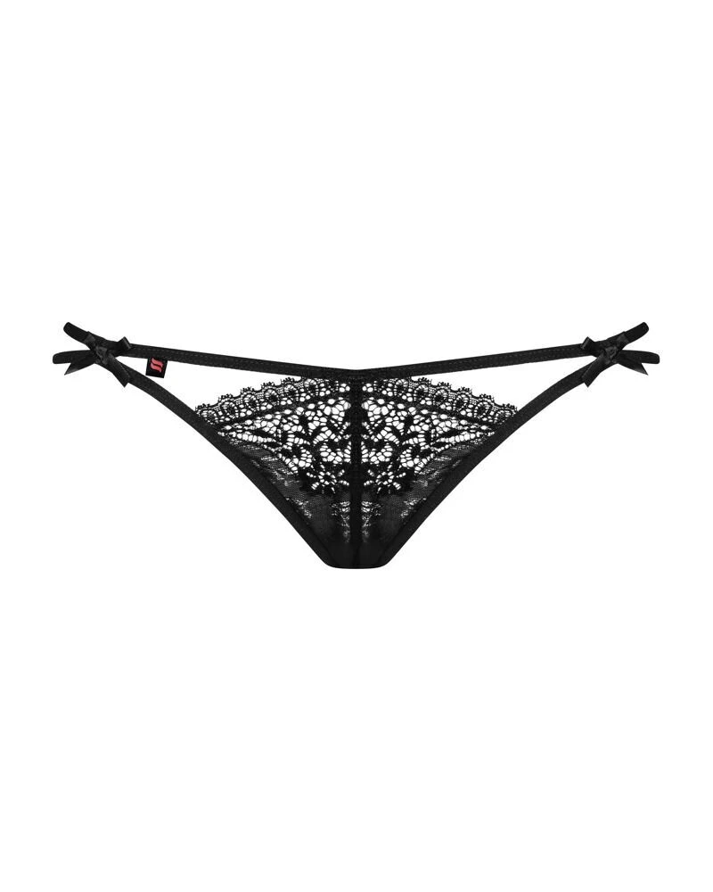 Obsessive Doppel-String Intensa schwarz aus feiner Spitze mit verspielten Schleifen und doppelten Hüftbändern – sexy Design, das die Kurven betont und verführerisch anliegt